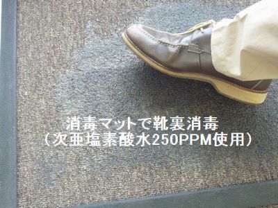 消毒マットで靴裏消毒（次亜塩素酸水250PPMを使用）